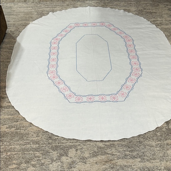 Embroidered Oval Tablecloth - White with Pink and Blue Accents - Picture 4 of 11